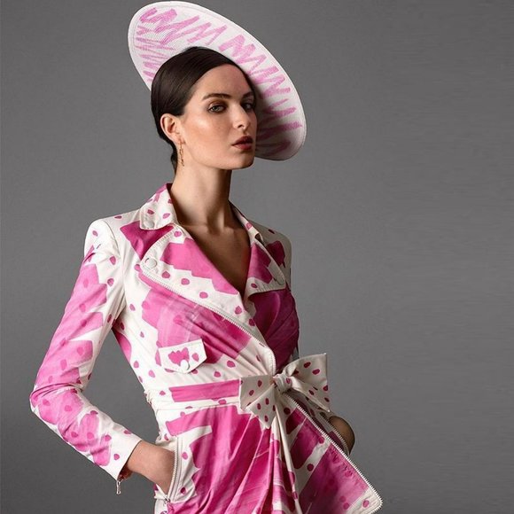 MOSCHINO Brushstroke Scribble Sketches Pink Trench Coat Dress Poplin 2019 BARBIE - Picture 10 of 17